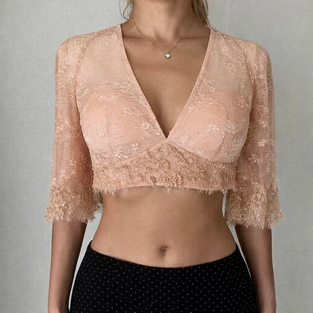 Y2K Sherri Hill Blush Pink Lace Coquette Fairy Crop Top Open Back Size 2 S NWT